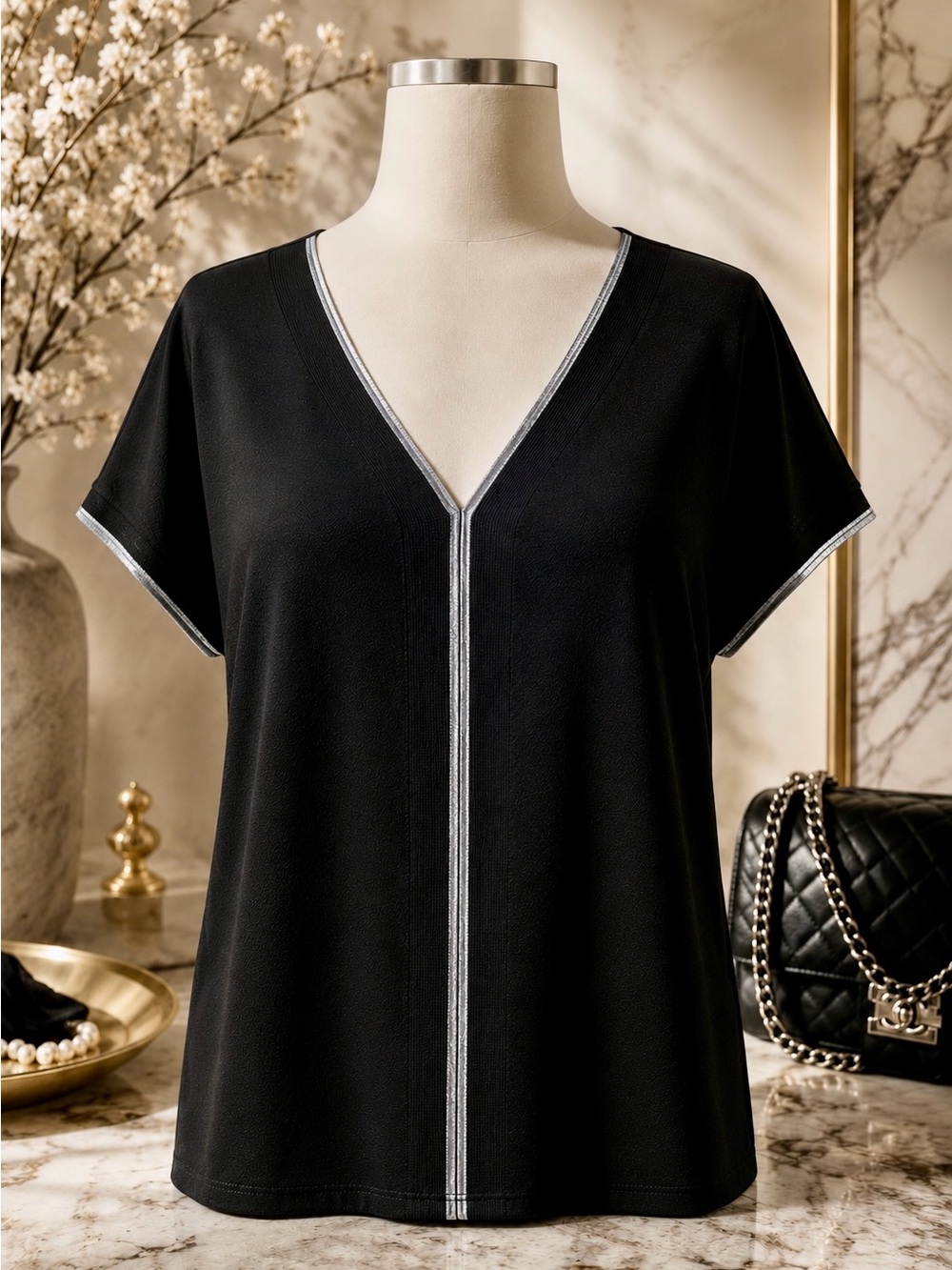 ✨ Tribal Black V-Neck Silver Trim Top | Luxe Minimalist Chic | Bundle $ Save 💸